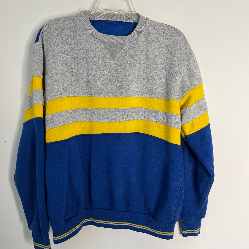Vintage 80s Wide Stripe Crew Sweatshirt - blue yellow grey